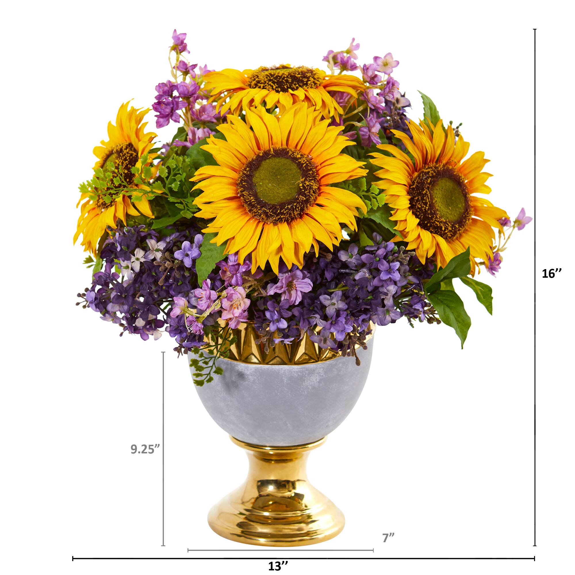 16" Sunflower & Lilac Arrangement in Stoneware Urn with Gold Trimming